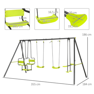 Juego de Columpio Infantil Exterior con 2 Columpios Asientos Abatibles Balancín y Marco de Acero Columpios para Niños de 3-8 Años 355x184x186 cm Verde