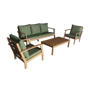 Salon de jardin USHUAIA 5 places kaki en bois d'acacia. un canapé. une table. deux fauteuils