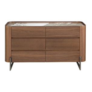 Cómoda de madera chapada en nogal natural y patas de acero inoxidable oscuro metalizado 145x45x78cm