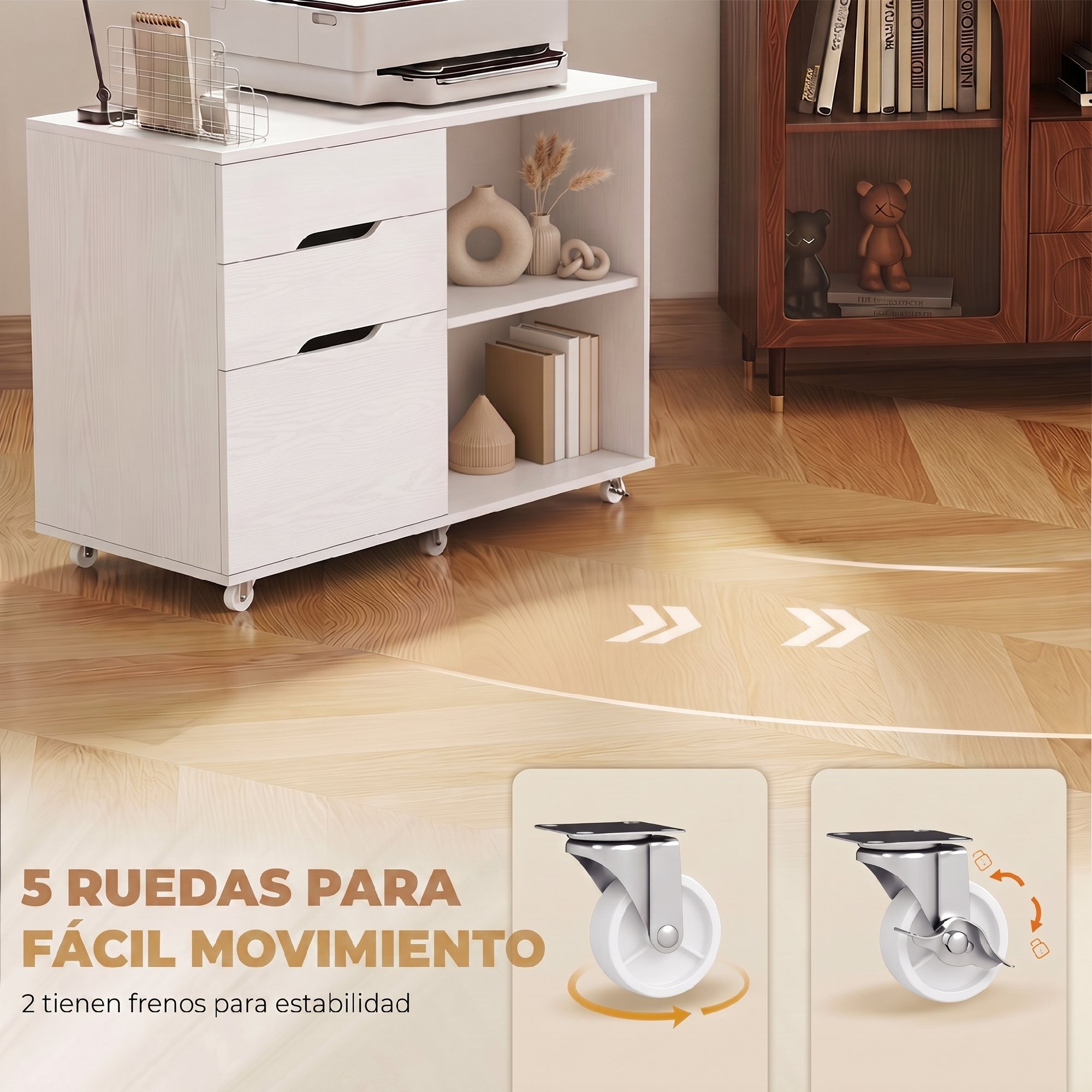Mueble para Impresora con Ruedas, Mesa para Impresora con 3 Cajones, Barra Ajustable, 2 Estantes Abiertos y Asas, para Documentos Tamaño A4, Carta, Archivador Móvil para Oficina en Casa, Blanco
