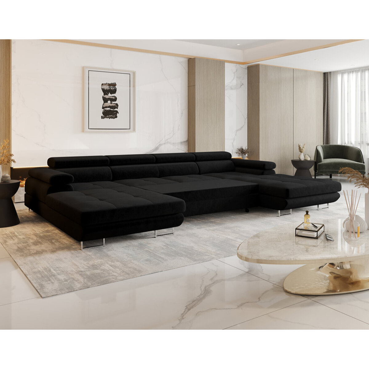 Ayden - Canapé panoramique en U 7 places convertible avec coffre et têtières réglables en tissu - Noir