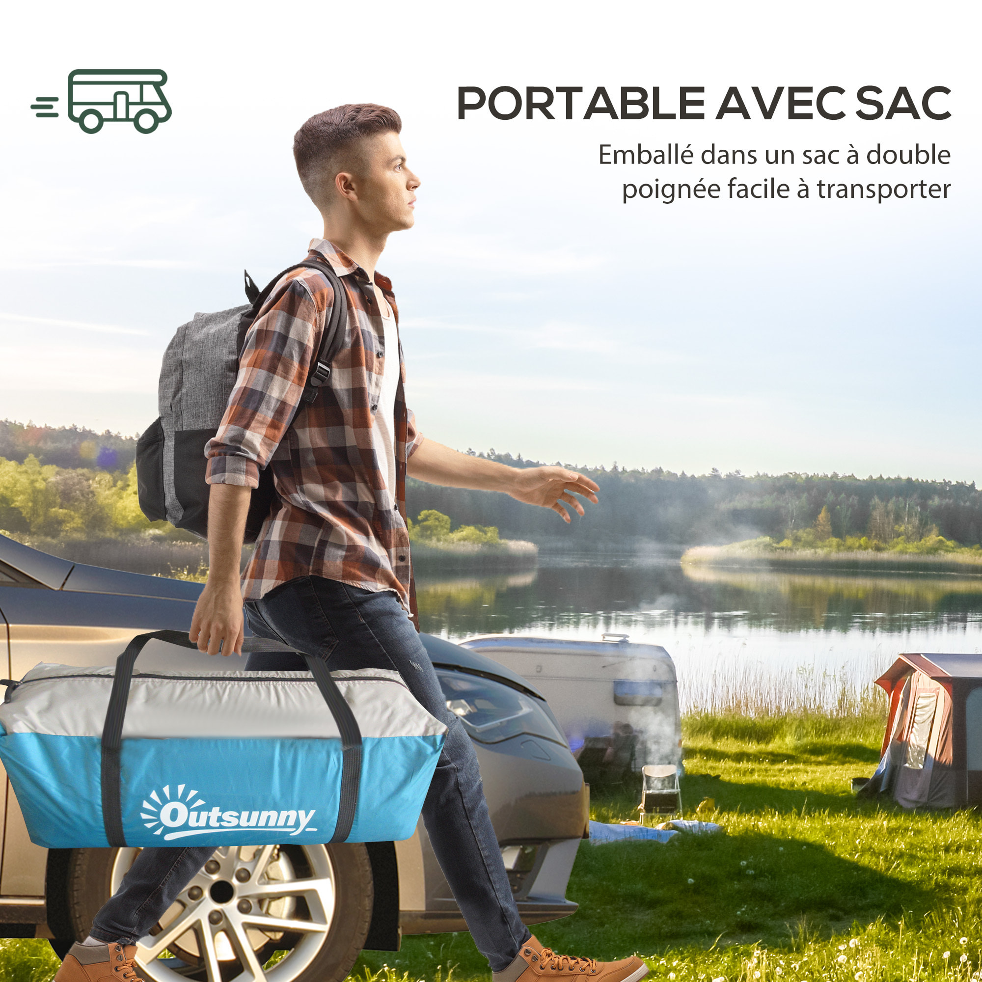 Tente de camping 3-4 pers. 2 chambres 4 portes 4 fenêtres sac bleu