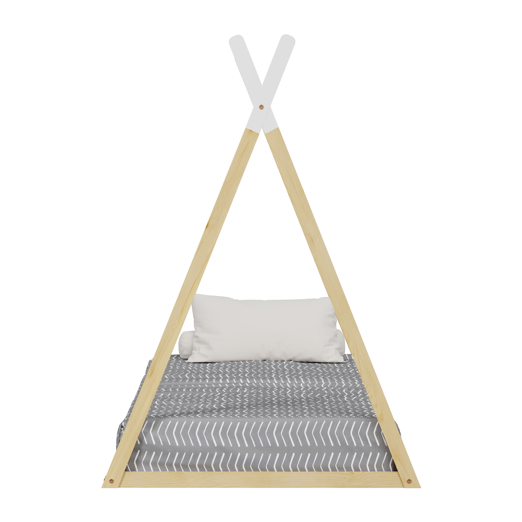 Lit Tipi 90 x 190 cm, couleur Blanc & Bois, En Bois de Pin Naturel, Robustesse et Durabilité, Stimule l'Imagination des Enfants