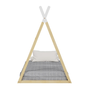 Lit Tipi 90 x 190 cm, couleur Blanc & Bois, En Bois de Pin Naturel, Robustesse et Durabilité, Stimule l'Imagination des Enfants