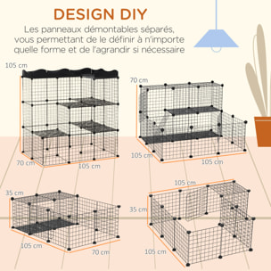 Cage parc enclos chat modulable dim. L105 x l70 x H105 cm 3 niveaux 2 portes rampe plateformes PE motif graphique fil métallique noir