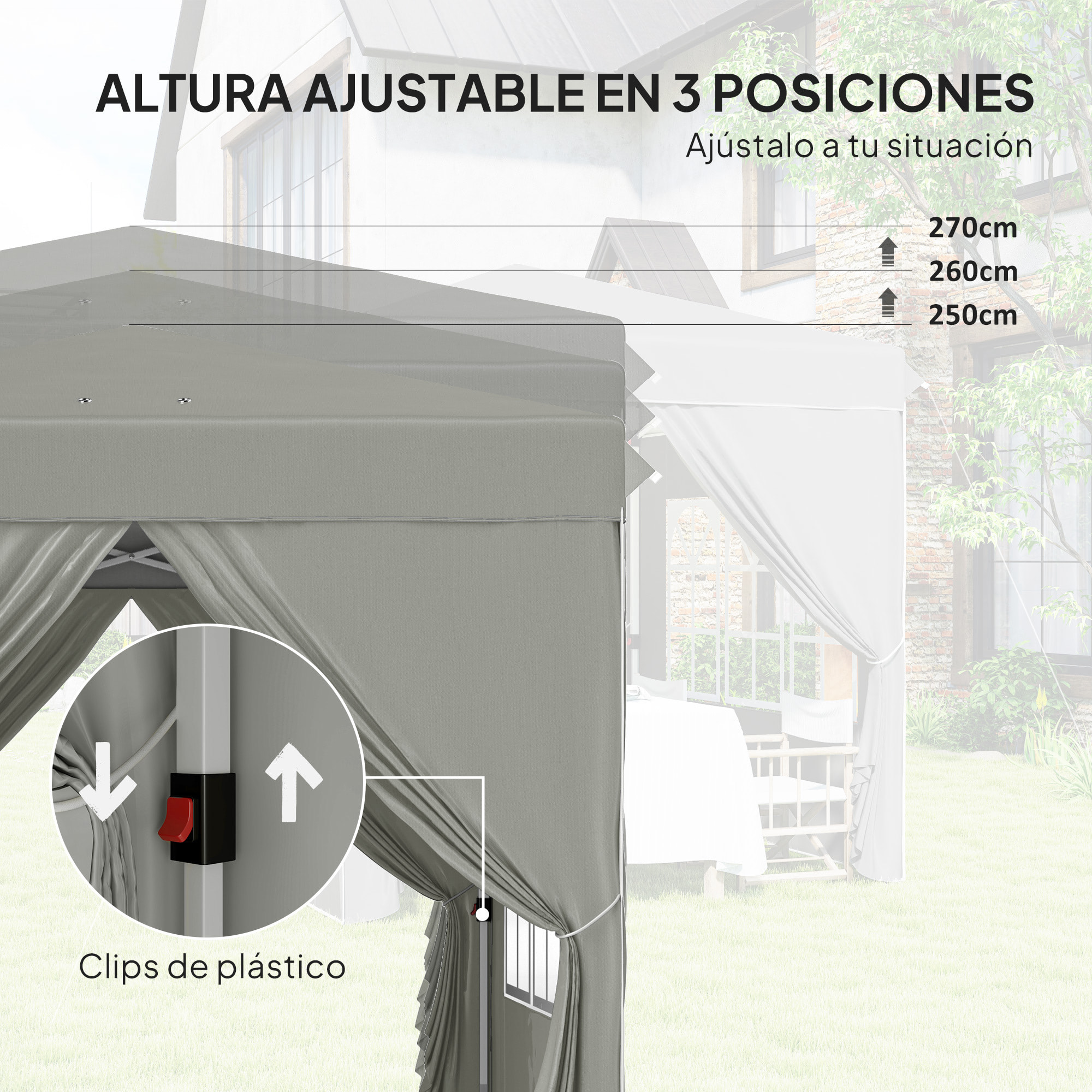 Carpa Plegable 2,5x2,5 m, Pop-up, Cenador Pabellón de Jardín con Altura Ajustable 3 Niveles, 4 Paredes Laterales, Ventanas y Bolsa Transporte, UPF50+, Impermeable para Fiestas, Exterior, Gris