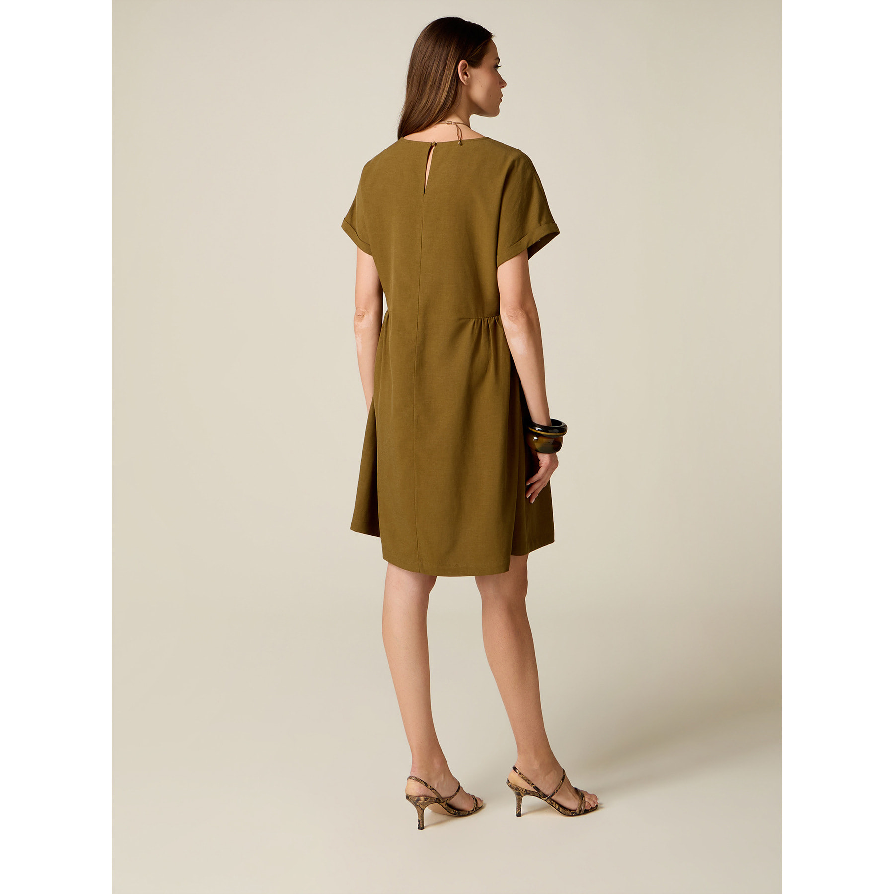 Oltre - Vestito flare misto lino con collana - Kaki
