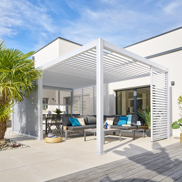 Pergola bioclimatique électrique "Evora" grand modèle 6 x 3,6m - Structure et lames doubles en aluminium Blanc