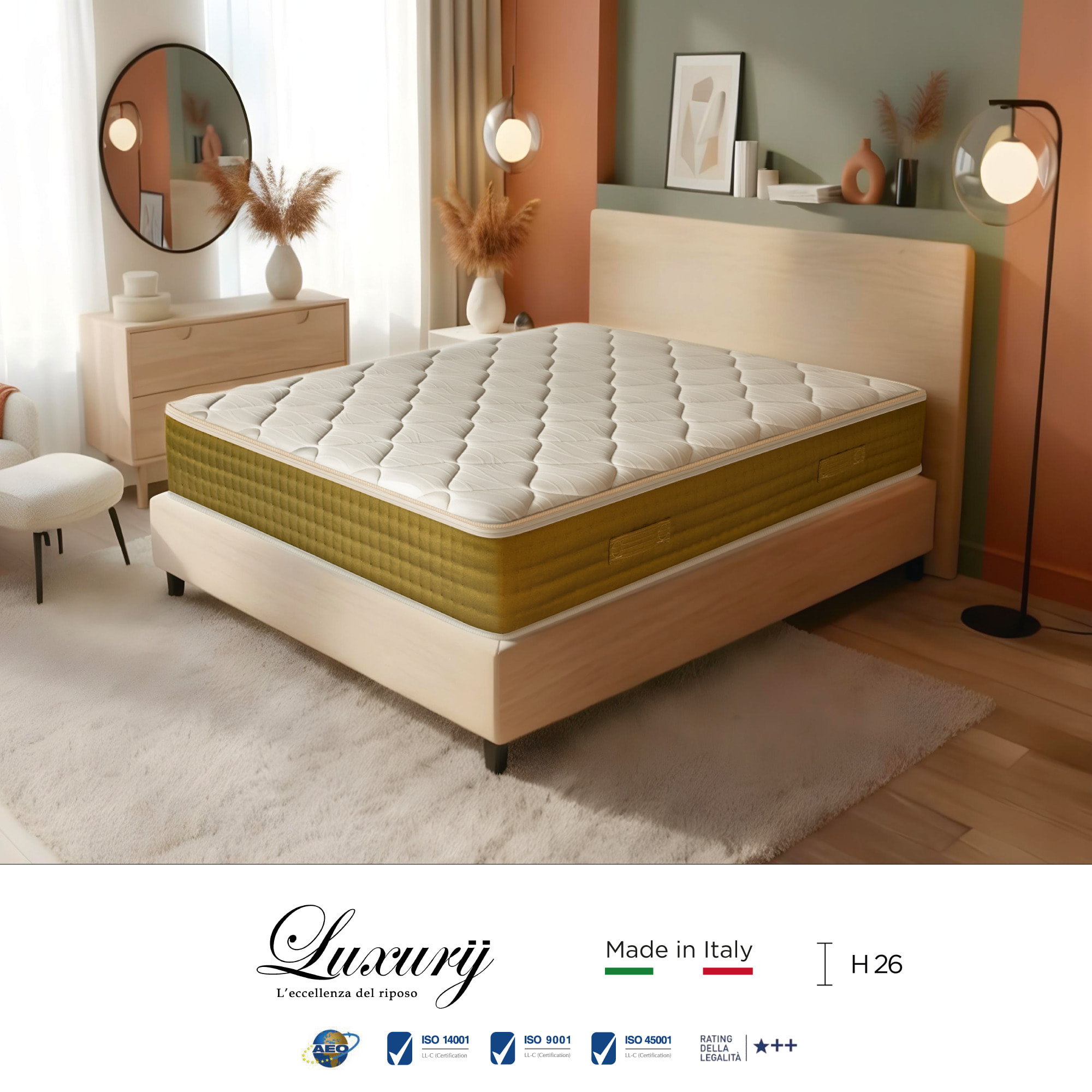 "Venezia" H26 cm 140x190 2 guanciali Memory OMAGGIO a molle insacchettate indipendenti ,7 zone a portanza differenziata arrotolato