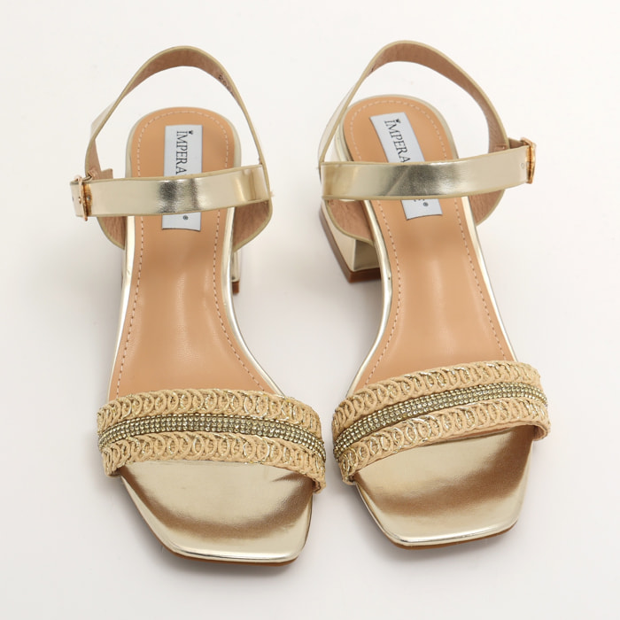 Sandali in simil pelle con tacco comodo quadrato ed applicazione strass