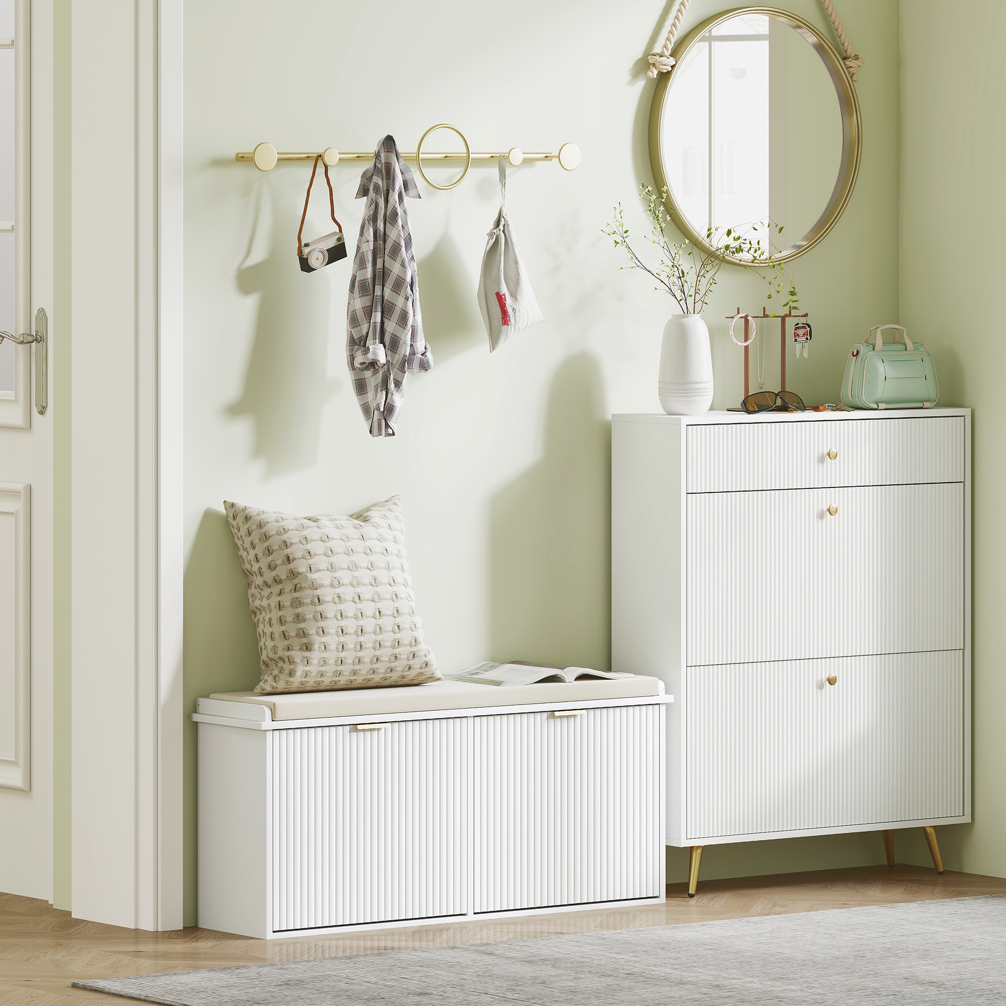 Banco Zapatero Mueble Zapatero Estrecho Banco Recibidor con Asiento Acolchado Cajón Abatible y Panel de Tablillas para 10 Pares de Zapatos para Entrada Dormitorio 104x26x47,5 cm Blanco