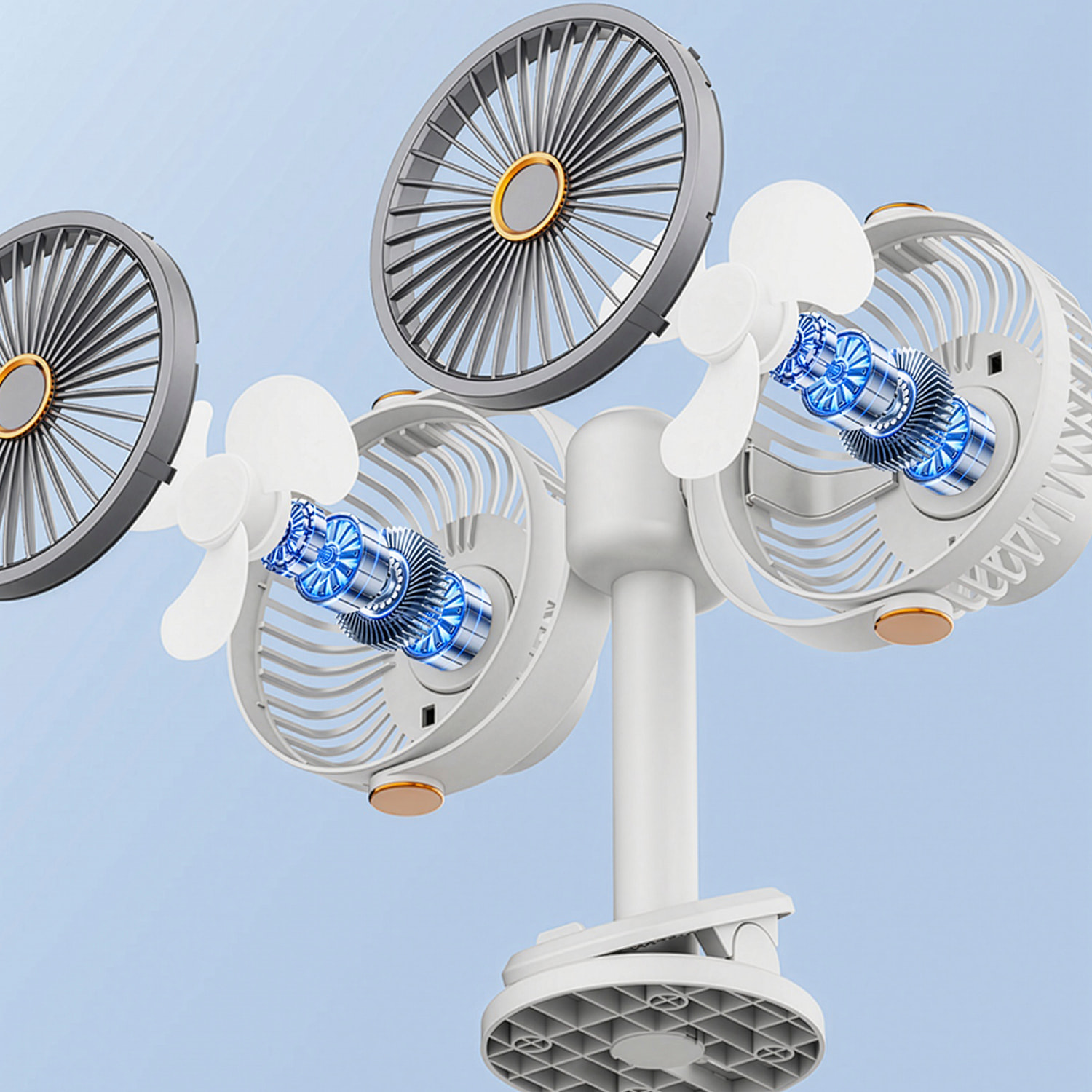 Ventilador modular F16. Con 2 ventiladores independientes, 5 velocidades por unidad y giro 360° vertical y horizontal. 3 niveles de iluminación y diseño versátil de sobremesa, pared, techo o uso portá
