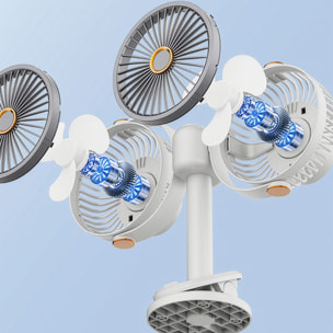 Ventilador modular F16. Con 2 ventiladores independientes, 5 velocidades por unidad y giro 360° vertical y horizontal. 3 niveles de iluminación y diseño versátil de sobremesa, pared, techo o uso portá