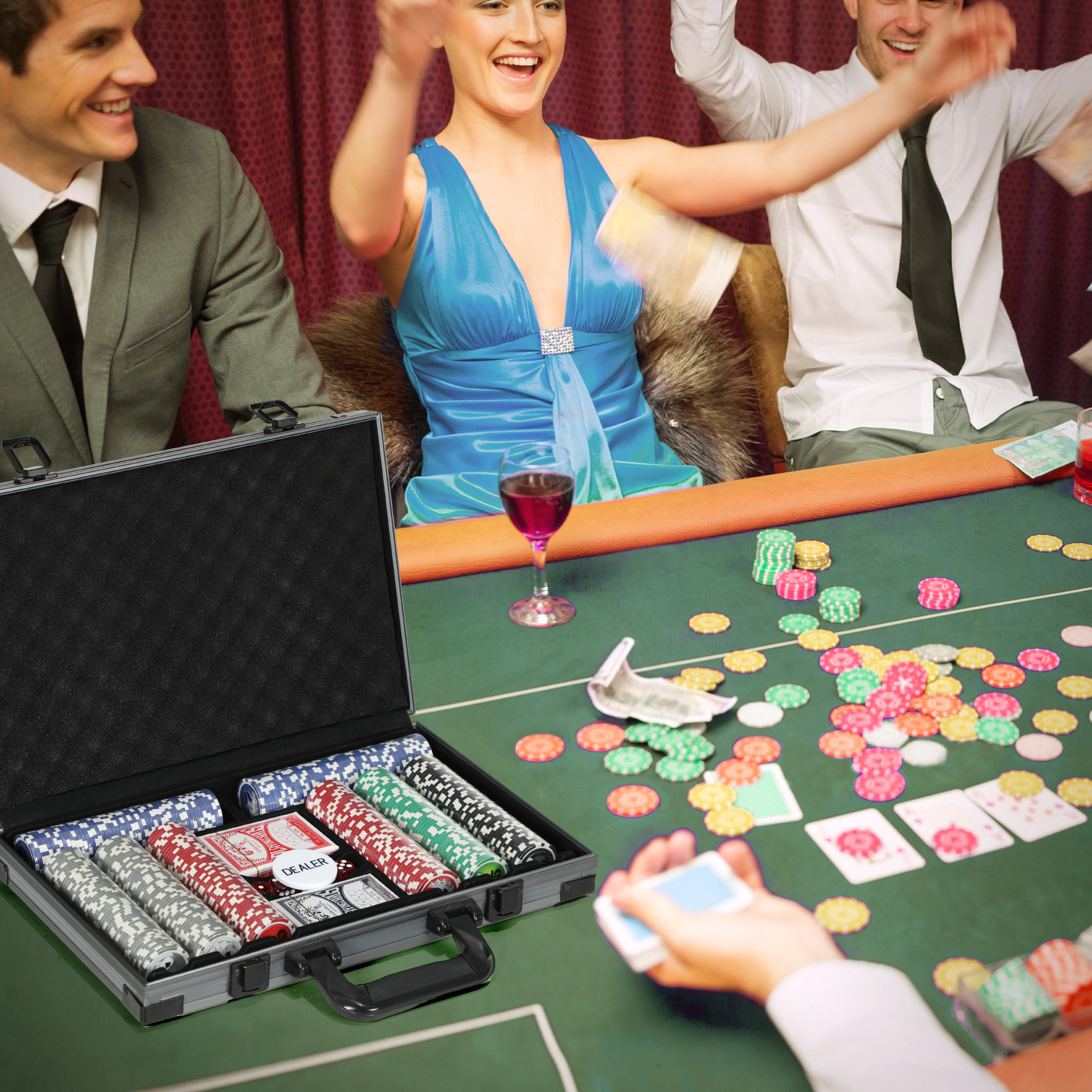 Juego de Póker Maletín de Póker con 400 Fichas 2 Barajas de Cartas 5 Dados Tapete y Botón de Crupier Gris