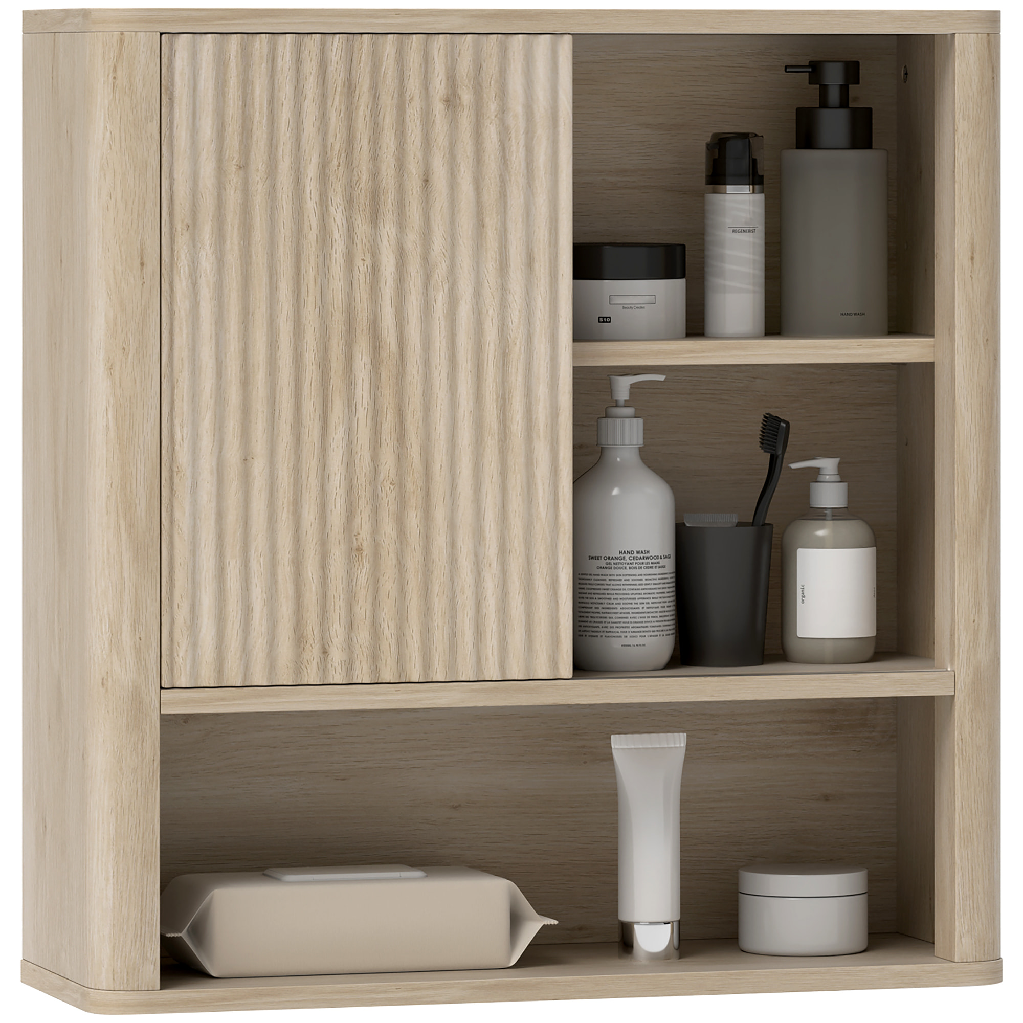 Armario de Baño de Pared Mueble de Baño Colgar con Estantes Ajustables Puerta Corredera Compartimentos y Diseño con Perfil Curvo 60x20x62 cm Natural