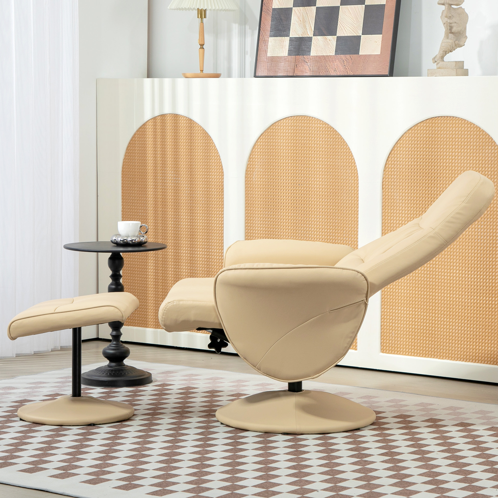 Fauteuil relax inclinable pivotant style contemporain avec repose-pied revêtement synthétique beige