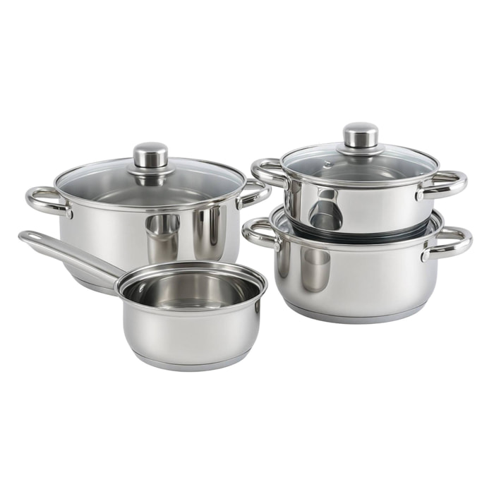 juego de batería de cocina de 7 piezas en acero inoxidable con bases de inducción y mangos ergonómicos