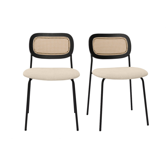 Chaises design en tissu effet velours texturé beige, métal noir et cannage rotin (lot de 2) MIRANDA