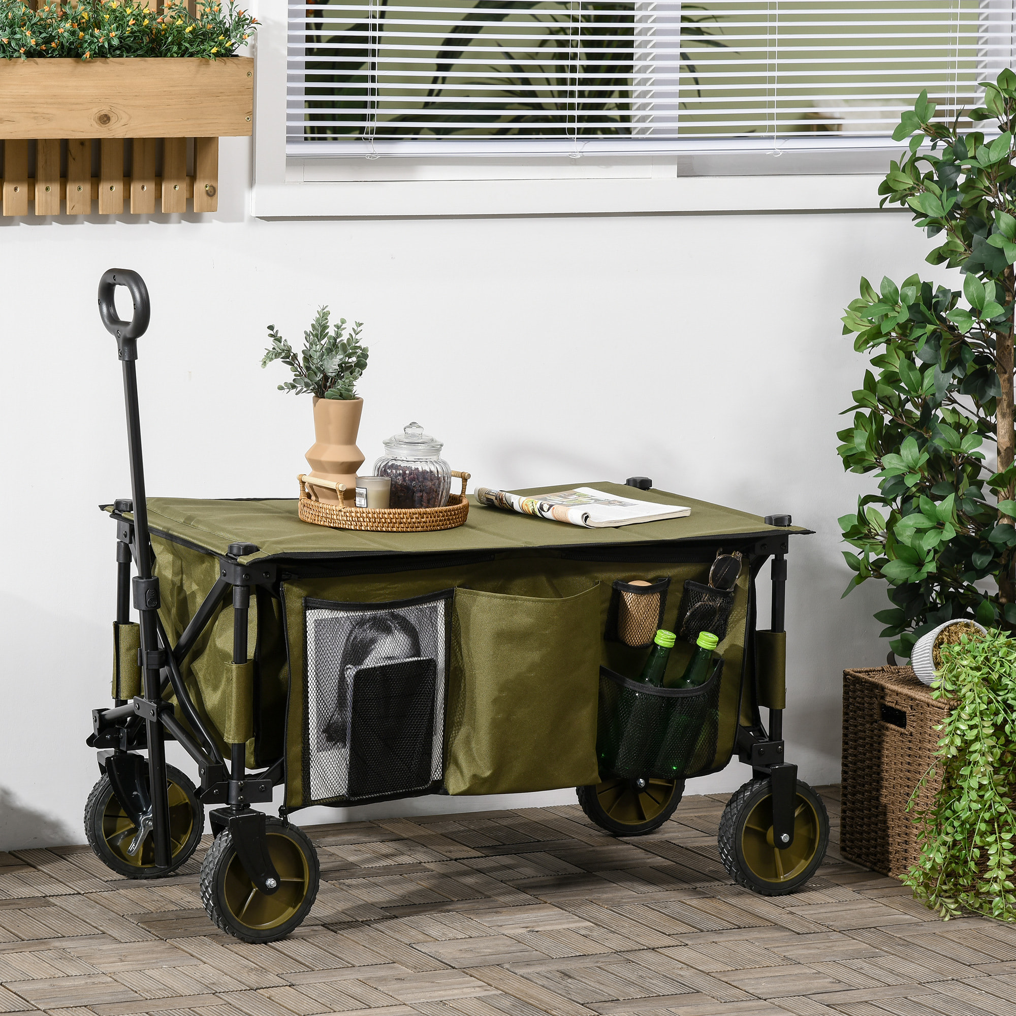 Carro Plegable de Jardín con Ruedas Carro para Playa con Mango Telescópico Tablero Plegable 5 Bolsas Marco de Acero Carga 100 kg para Compra Patio 108x55x93 cm Verde