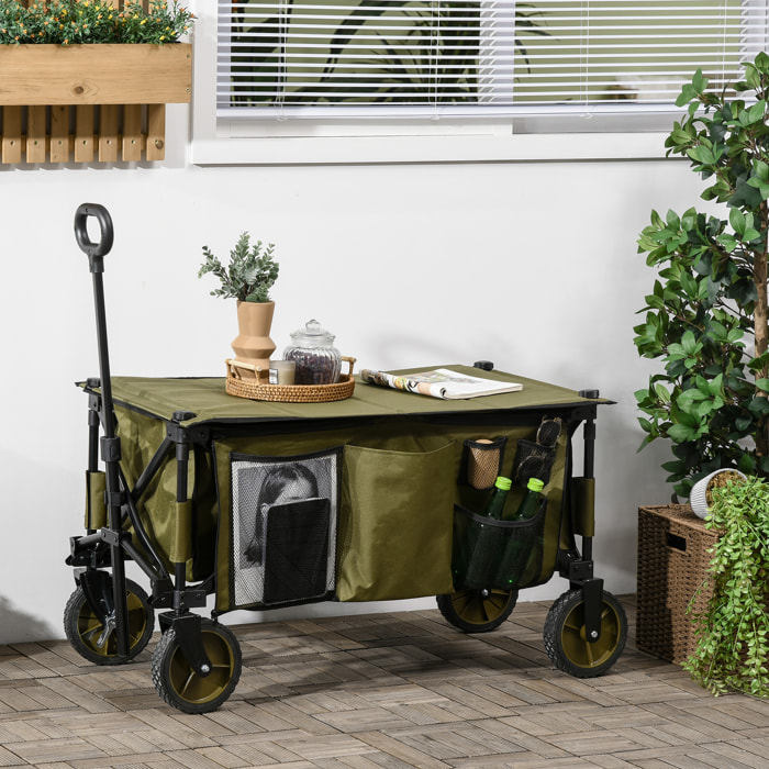 Carro Plegable de Jardín con Ruedas Carro para Playa con Mango Telescópico Tablero Plegable 5 Bolsas Marco de Acero Carga 100 kg para Compra Patio 108x55x93 cm Verde