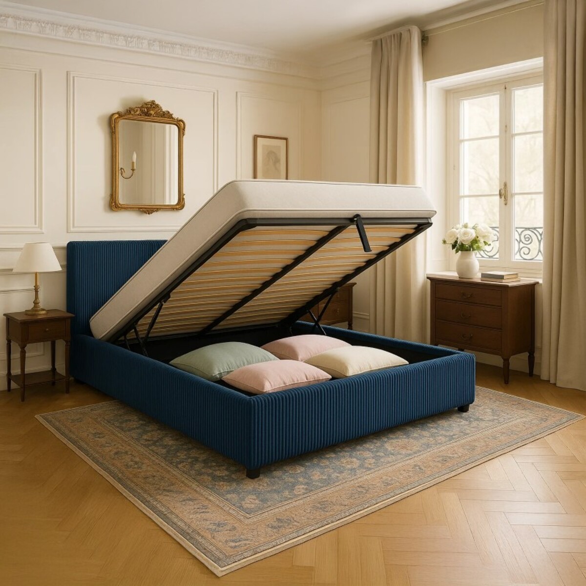 Lit coffre Colisée avec tête de lit | Robuste et confortable | Montage simple rapide | Velours Côtelé | Bleu nuit