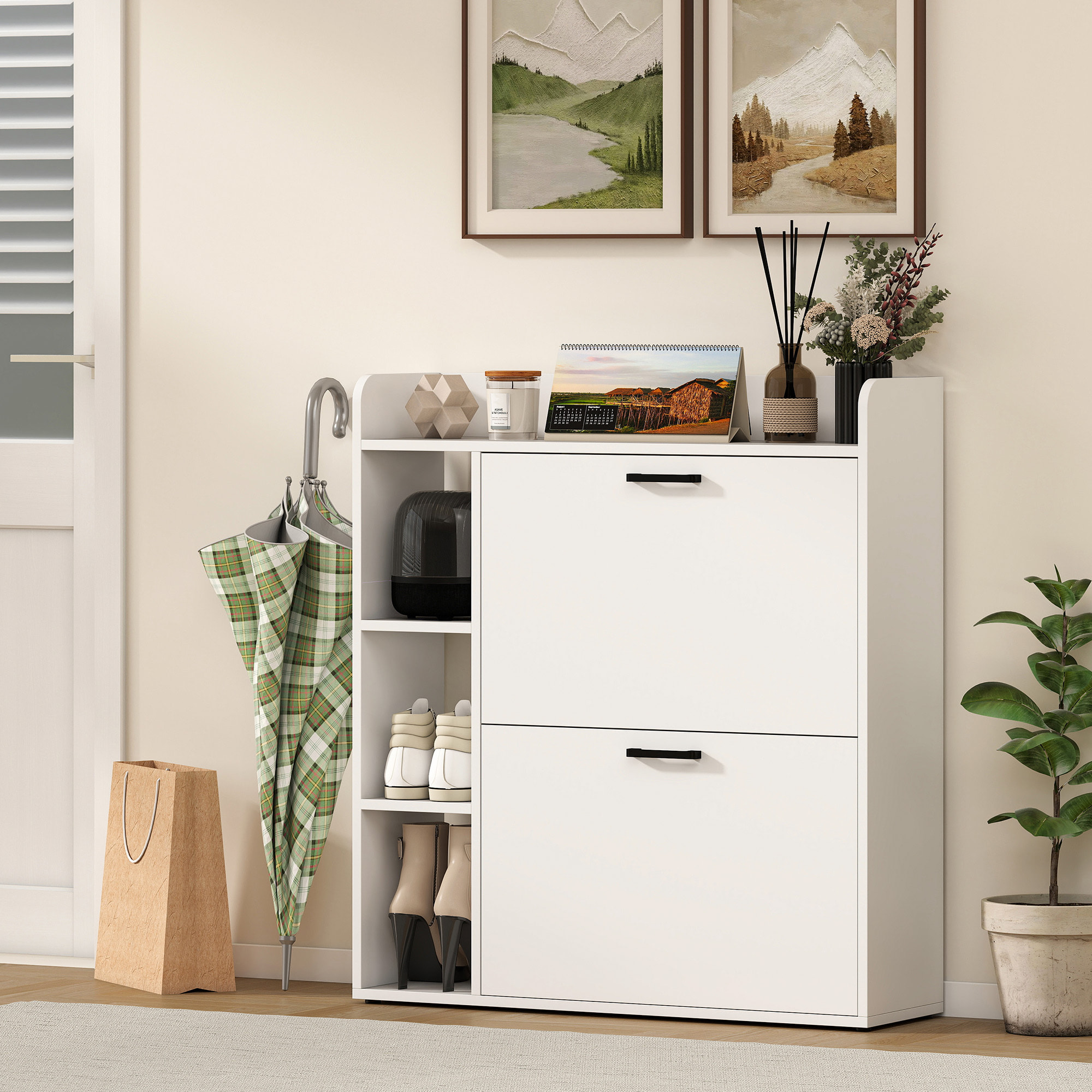 Zapatero Estrecho 2 Puertas, Mueble Zapatero con 3 Estantes Laterales y Estantes Ajustables, para 15 Pares de Zapatos, para Pasillo, Entrada, Espacio Reducido, 83x24x90,5 cm, Blanco