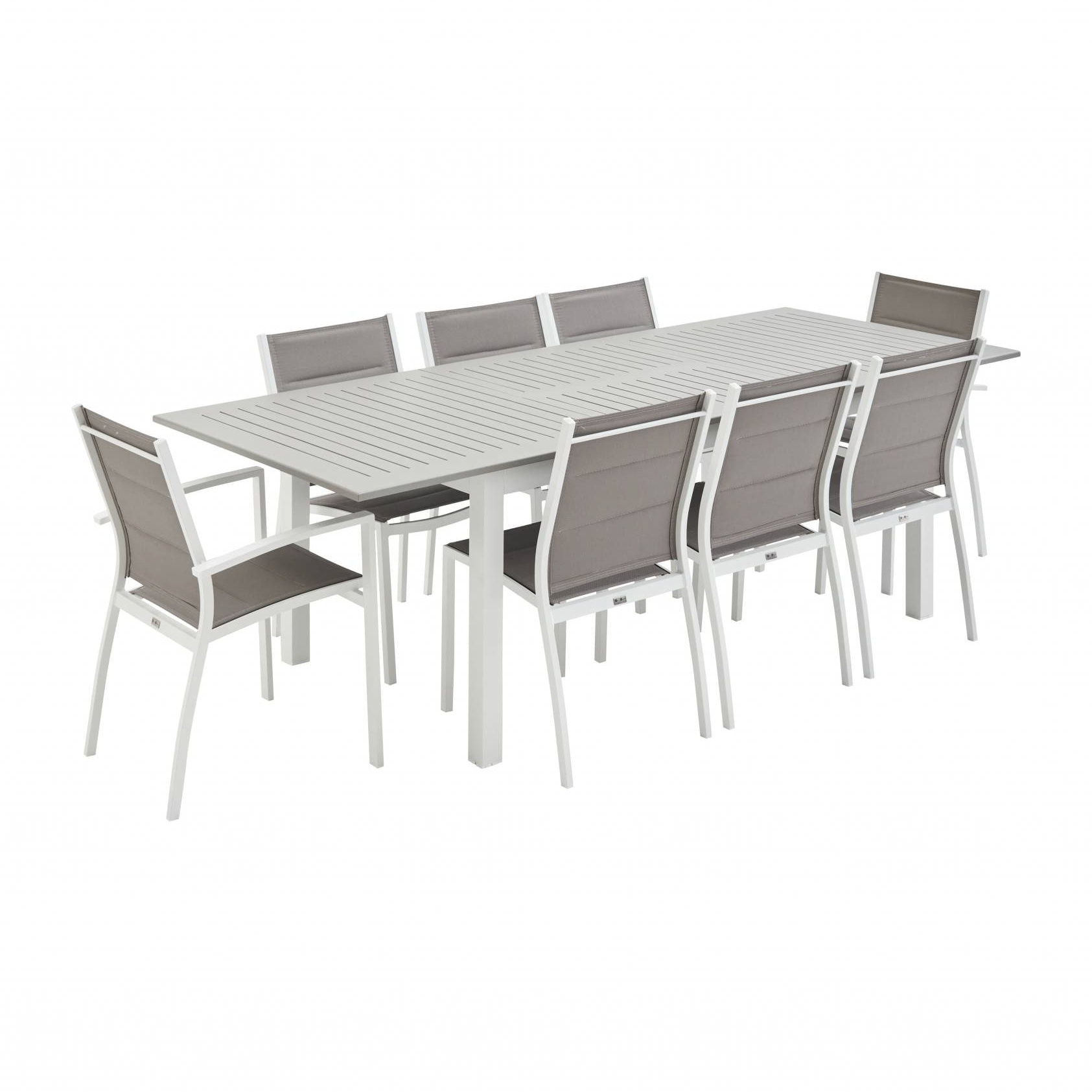 Table de jardin extensible aluminium + 8 assises - Chicago Blanc / Taupe - Table extensible 175/245cm avec rallonge et 8 assises en textilène