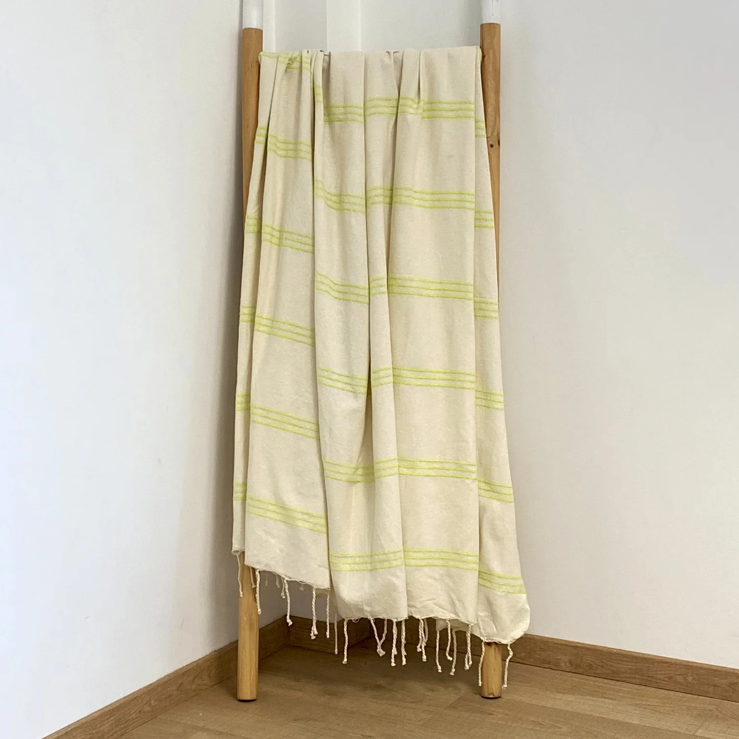 Fouta plate traditionnelle - Calliope Écru/Lime - 200x200cm - 190g/m²