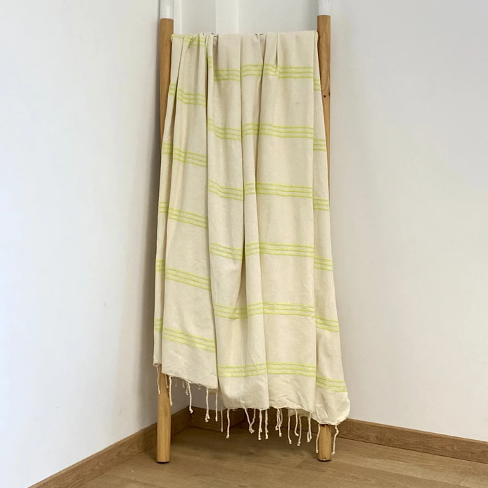 Fouta plate traditionnelle - Calliope Écru/Lime - 200x200cm - 190g/m²