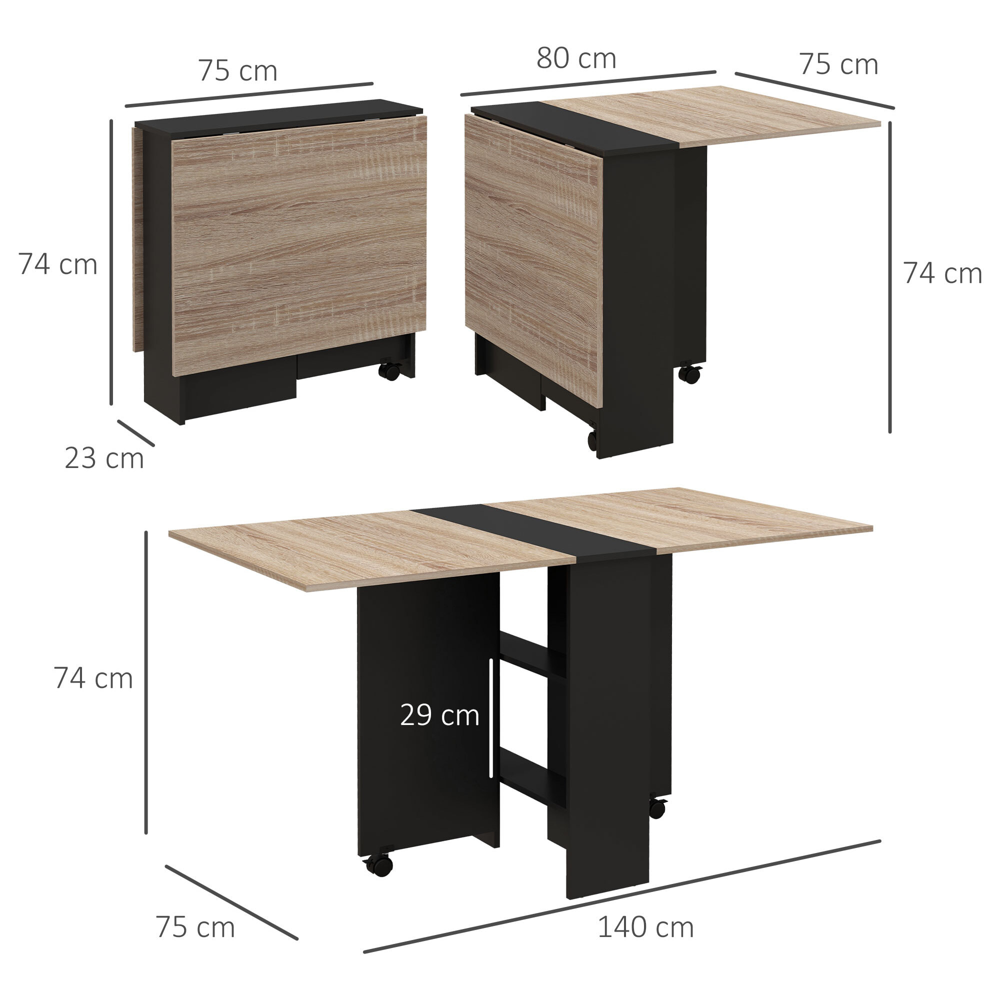 Table pliante de cuisine salle à manger amovible sur roulettes 2 étagères intégrées panneaux noir aspect chêne clair