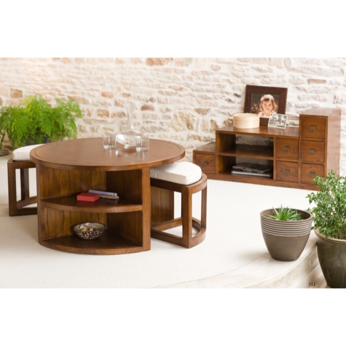 LAUREN - Table basse ronde marron 2 tabourets avec coussins écrus bois Mindi