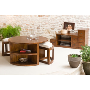 LAUREN - Table basse ronde marron 2 tabourets avec coussins écrus bois Mindi
