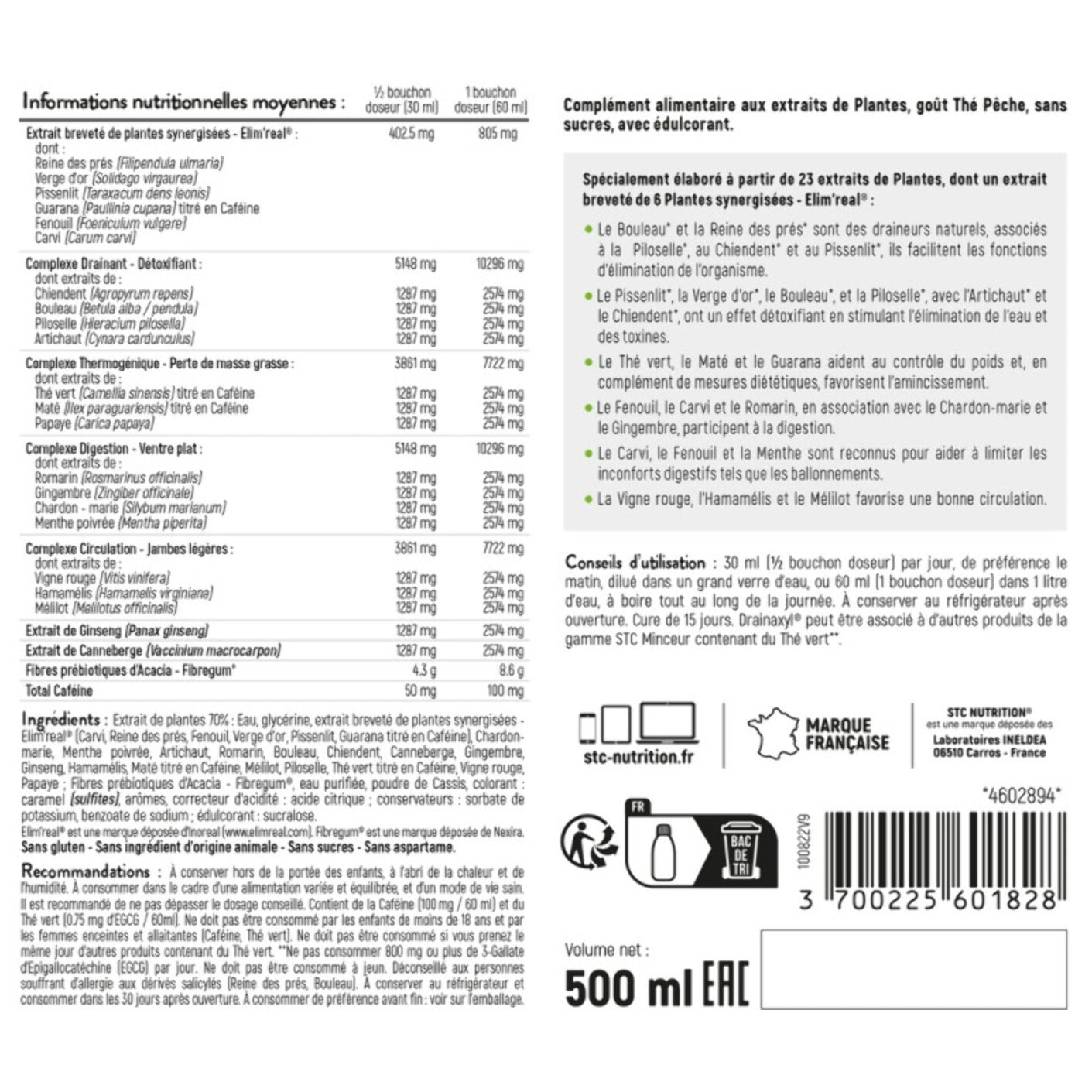 STC NUTRITION - Drainaxyl 500 - 4 actions : Brûle-graisses, Digestion ventre plat, Circulation jambes légères, Drainant, Détoxifiant - Goût Thé Pêche - 23 Extraits de plantes dont Elim'Real® - 500ml
