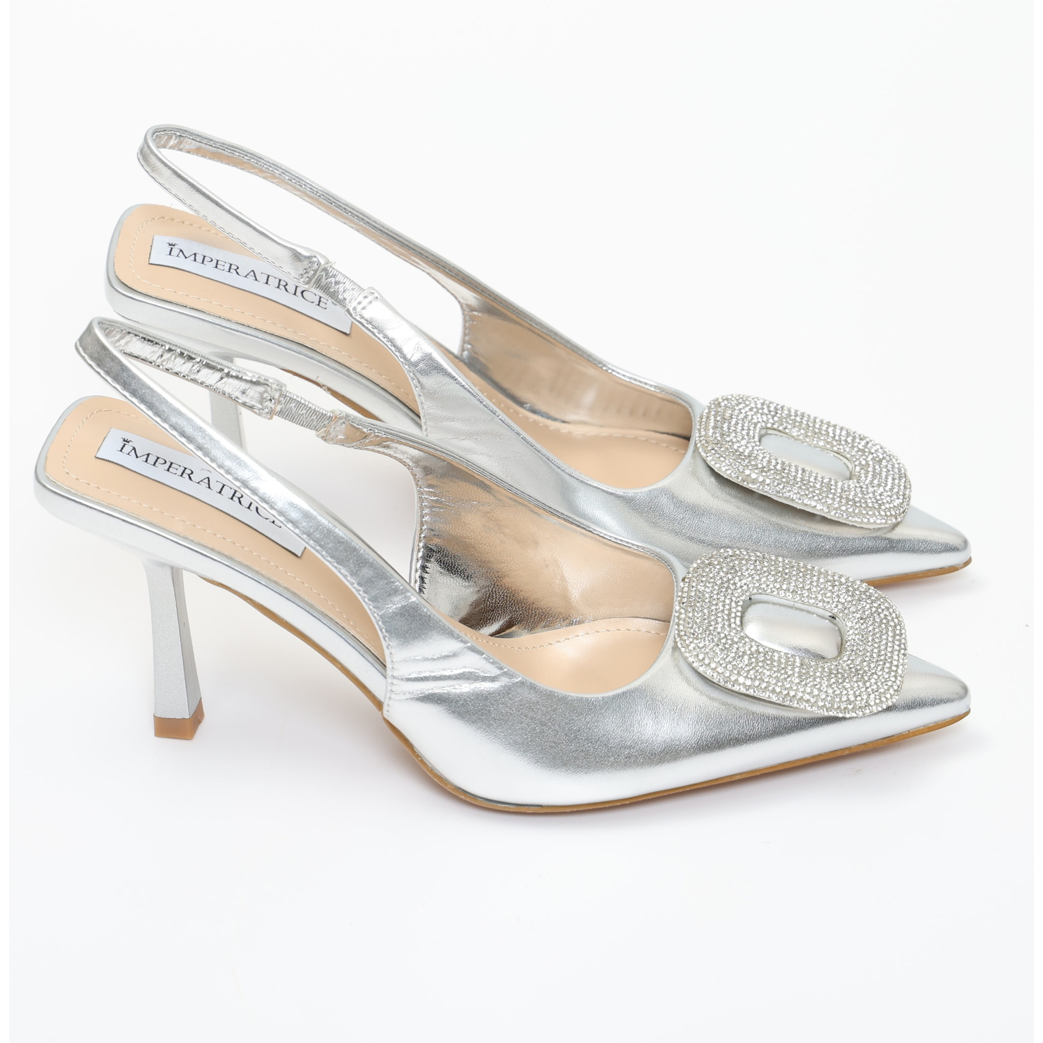 Dècolletè slingback in simil pelle con dettaglio strass sulla punta