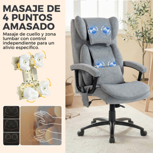 Silla de Oficina con Masaje de Amasamiento de 4 Puntos, Silla de Escritorio con Respaldo Alto, Altura Ajustable, Asiento Amplio, Cojín Lumbar, Basculante, Tapizada en Terciopelo, Gris