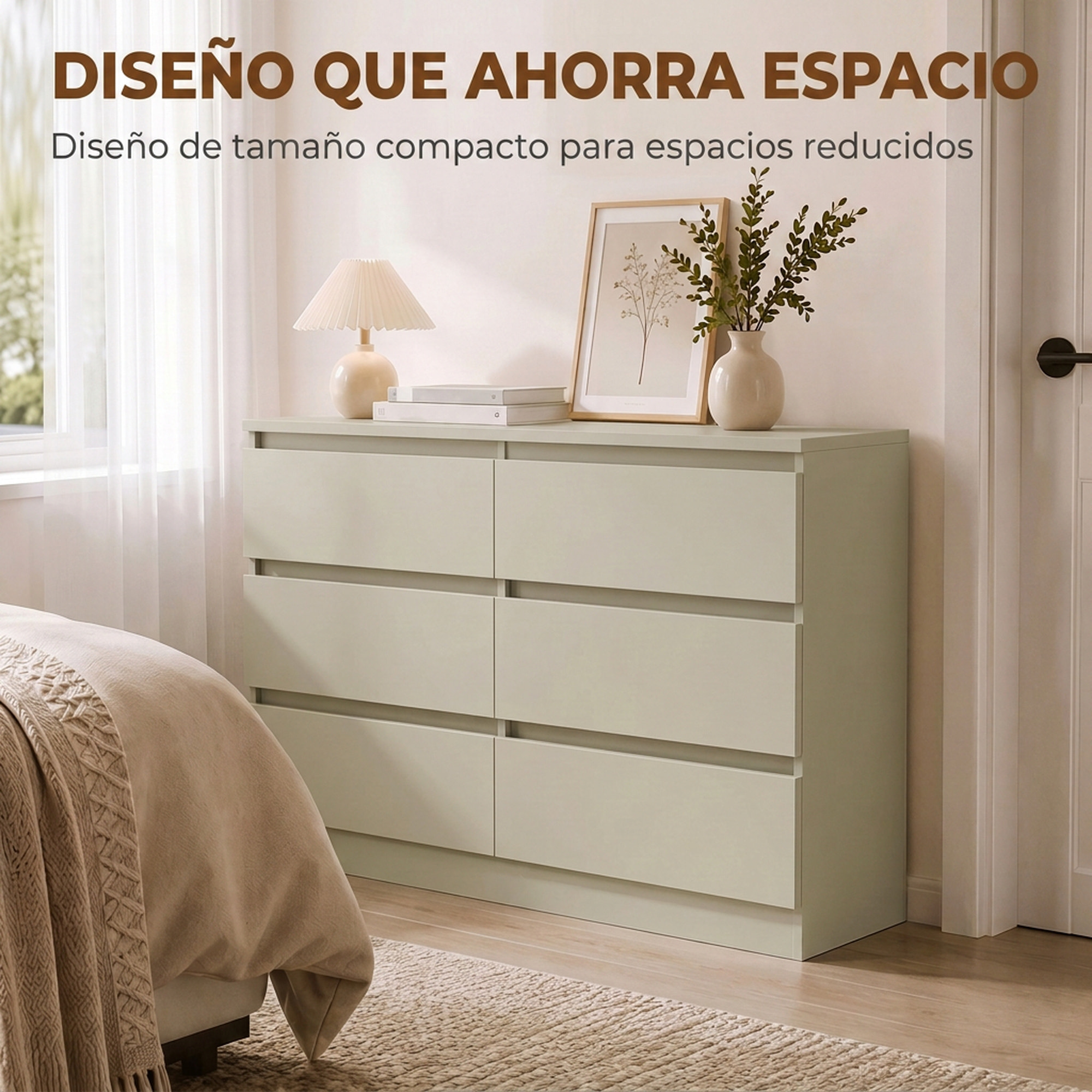 HOMCOM Cómoda de 6 Cajones para Dormitorio, Cajonera Estrecha, Sinfonier Moderno, Soporte para TV hasta 47 Pulgadas, para Salón, Vestidor, Pasillo, 100x35x69 cm, Marrón Claro