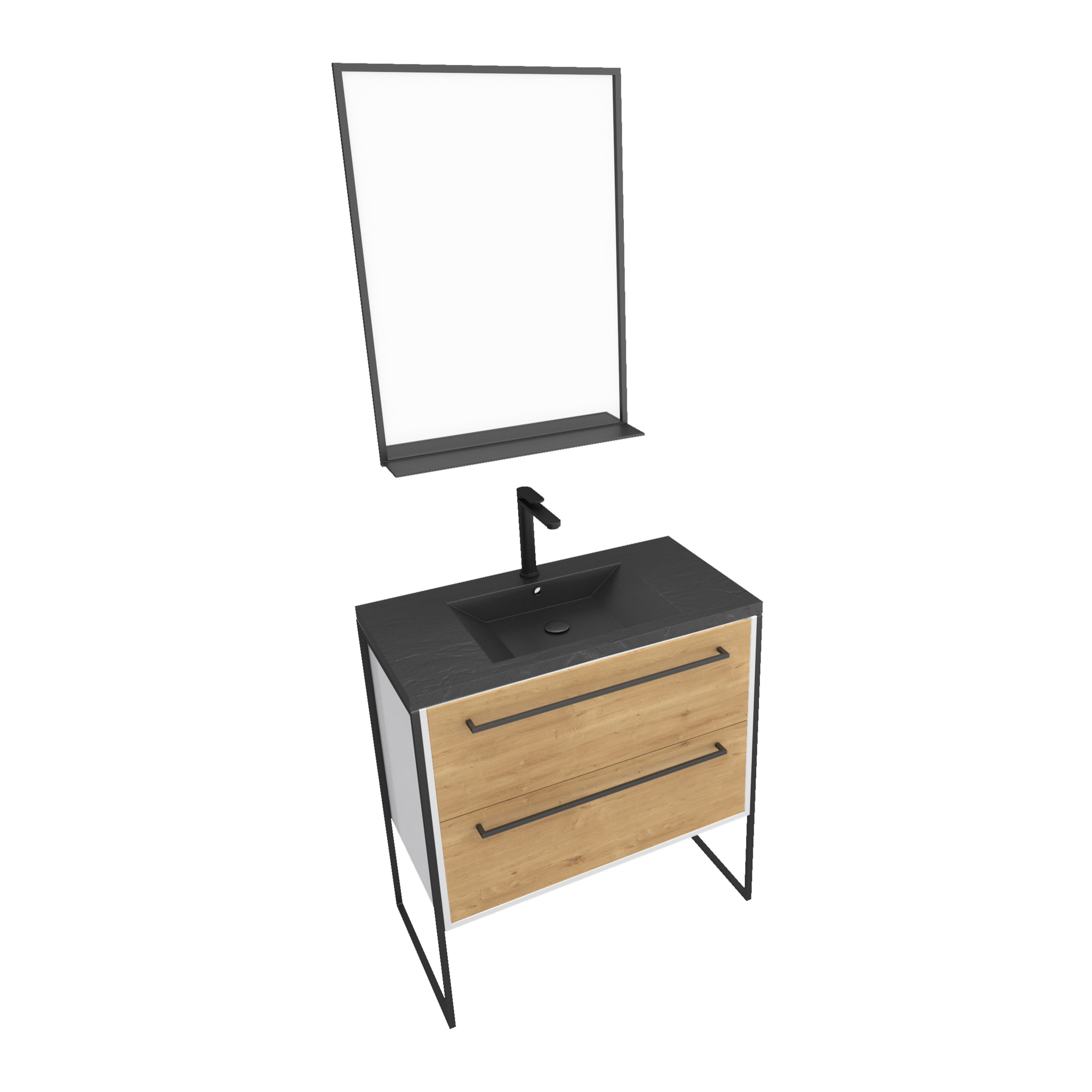 Meuble de salle de bain 80x50 cm + 2 tiroirs chêne naturel + vasque noir effet pierre + miroir noir