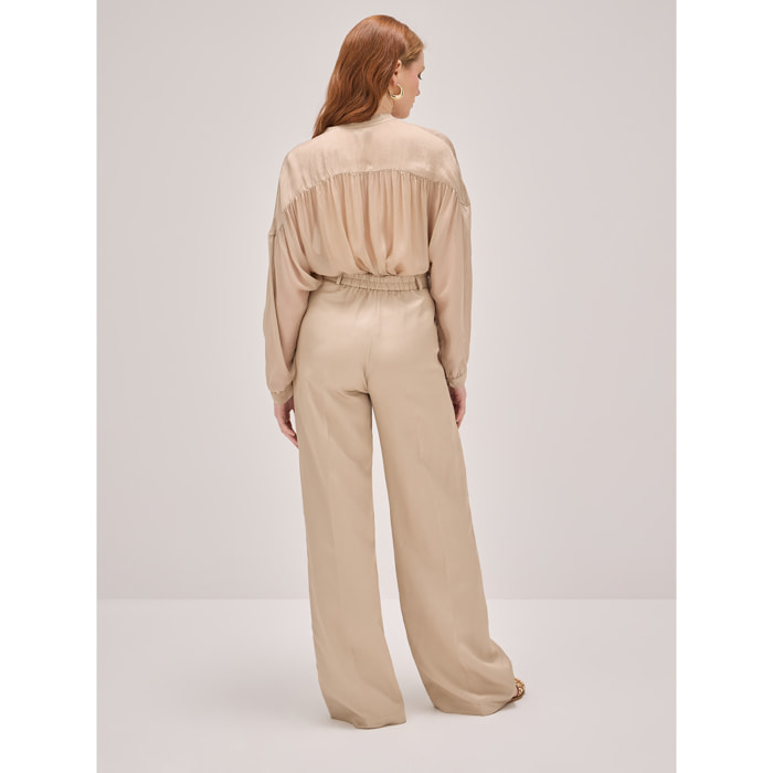 Oltre - Pantalones wide leg mezcla de lino - Beige