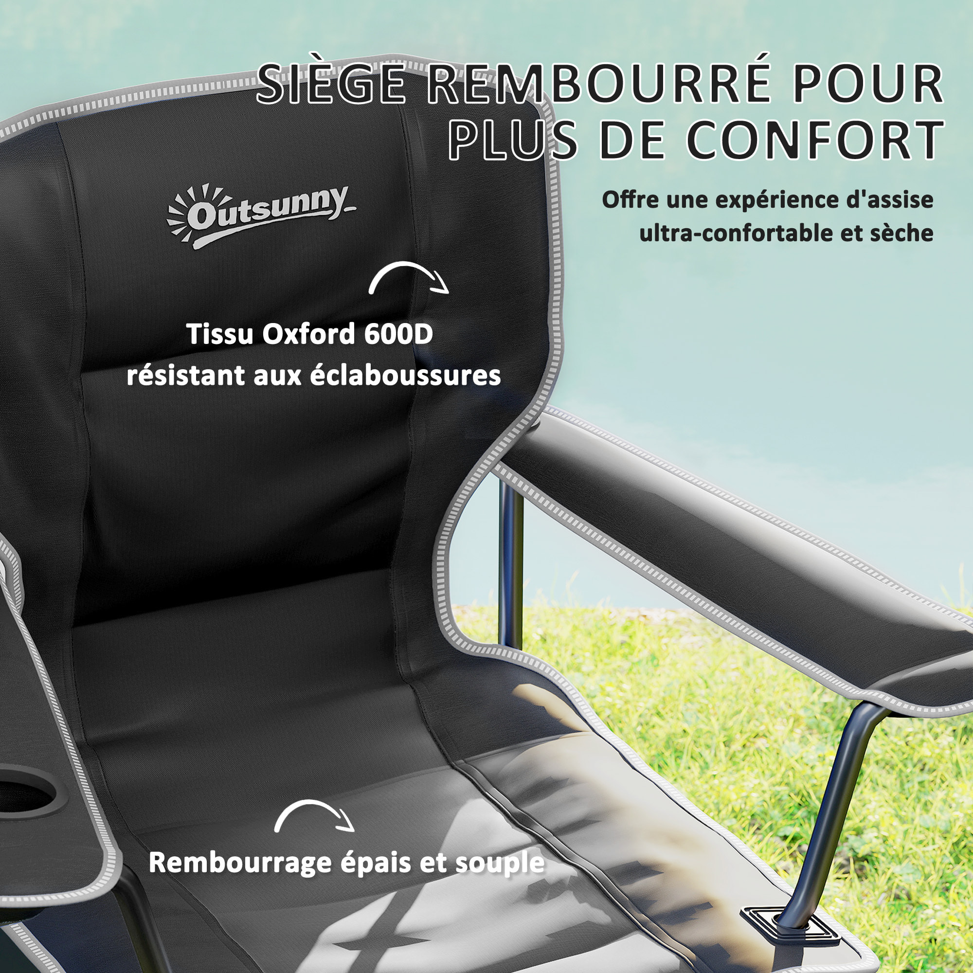 Chaise de camping pliante rembourrée - porte-gobelets, poches latérales rangement - sac transport inclus - noir