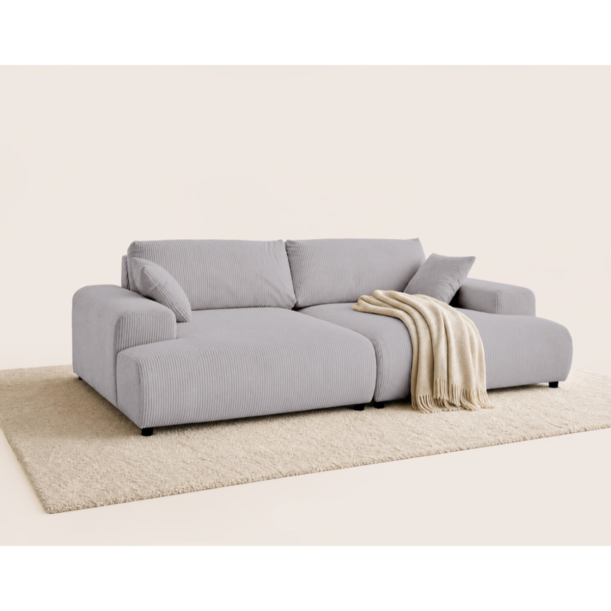Garance - canapé droit 4 places double méridienne - assise profonde - en velours côtelé - Gris clair
