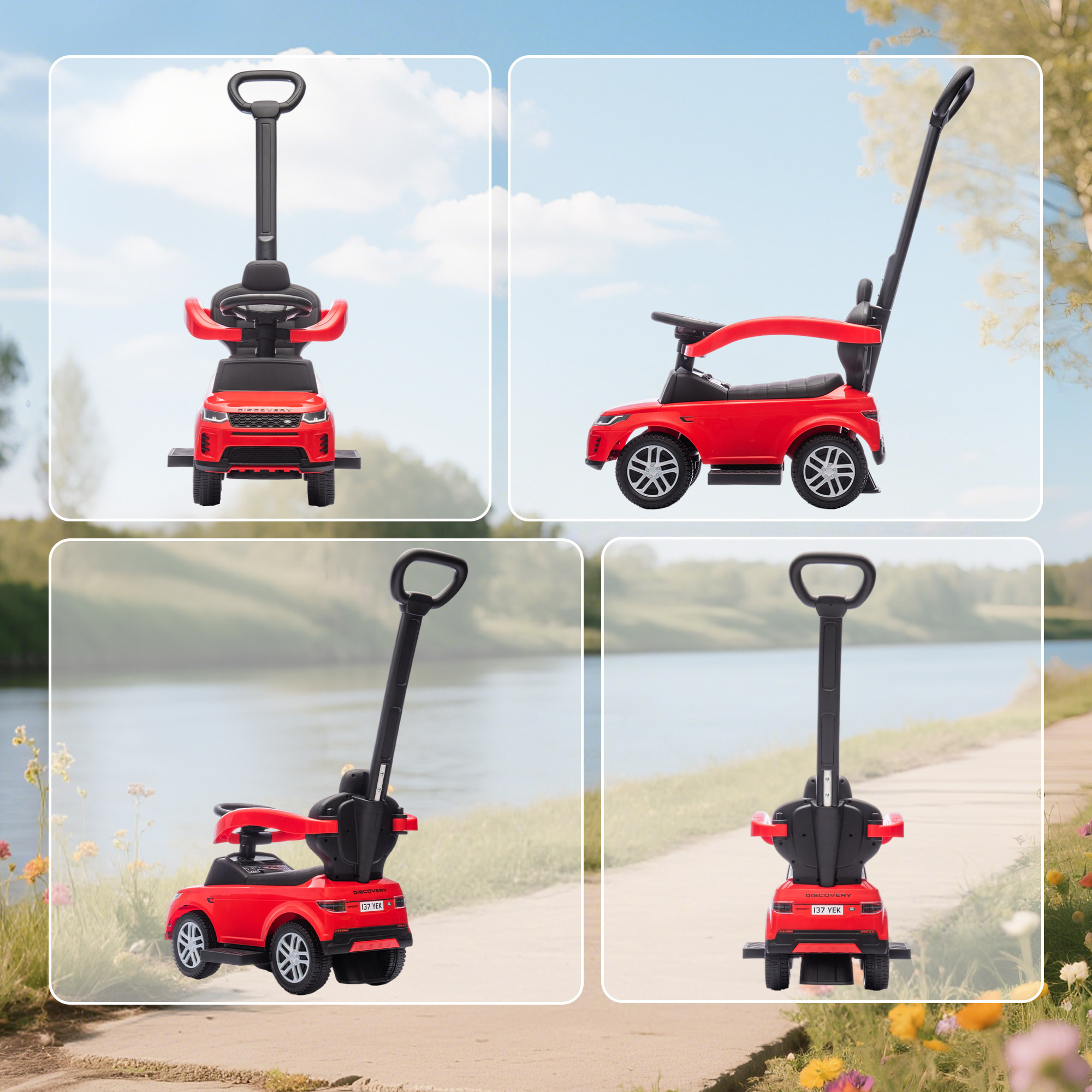 Coche Correpasillos 2 en 1 para Niños de 18-36 Meses LAND ROVER DISCOVERY, Correpasillos con Espacio de Almacenaje, Bocina, Volante, Mango de Empuje y Barandilla Extraíbles, Rojo