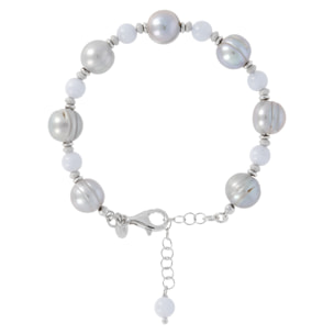 PERLAVIVA - Bracciale in Argento 925 con Agata Celeste e Perle d'Acqua Dolce Grigie Ø 10 mm