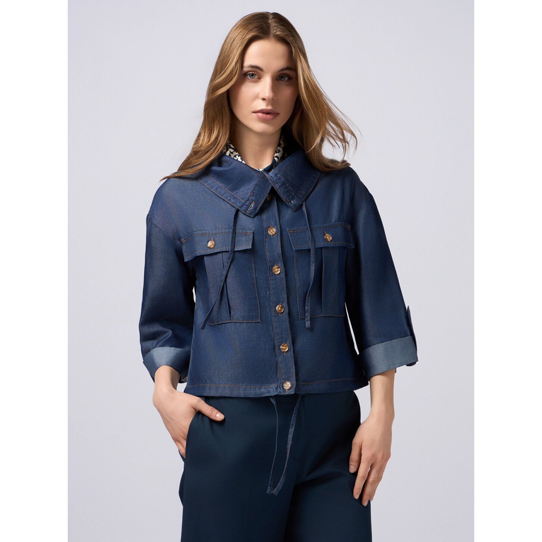 Oltre - Chaqueta desestructurada boxy en tencel - Azul
