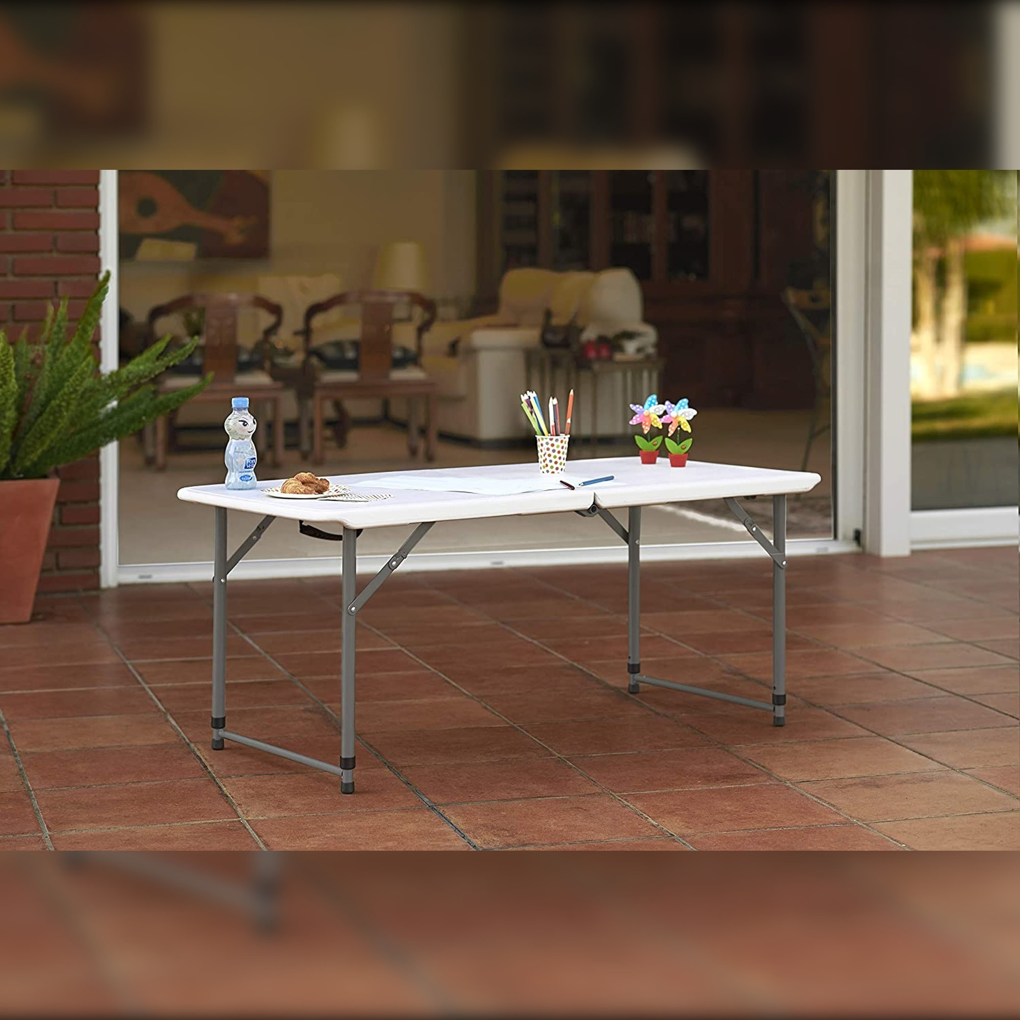 Mesa plegable multifuncional de altura regulable 120 x 60 x 52,5-75 cm, plegado y asa para su desplazamiento