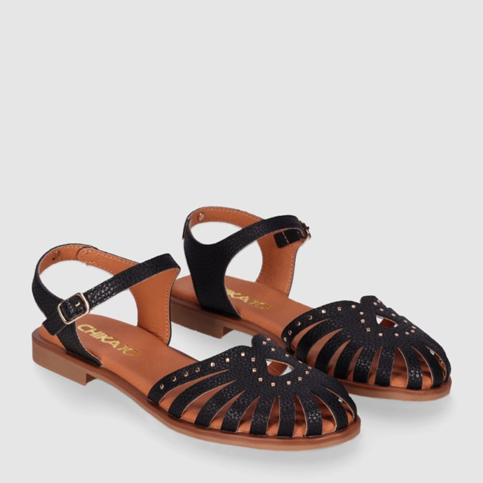 Sandalias de Piel - Negro - Tacón: 1 cm