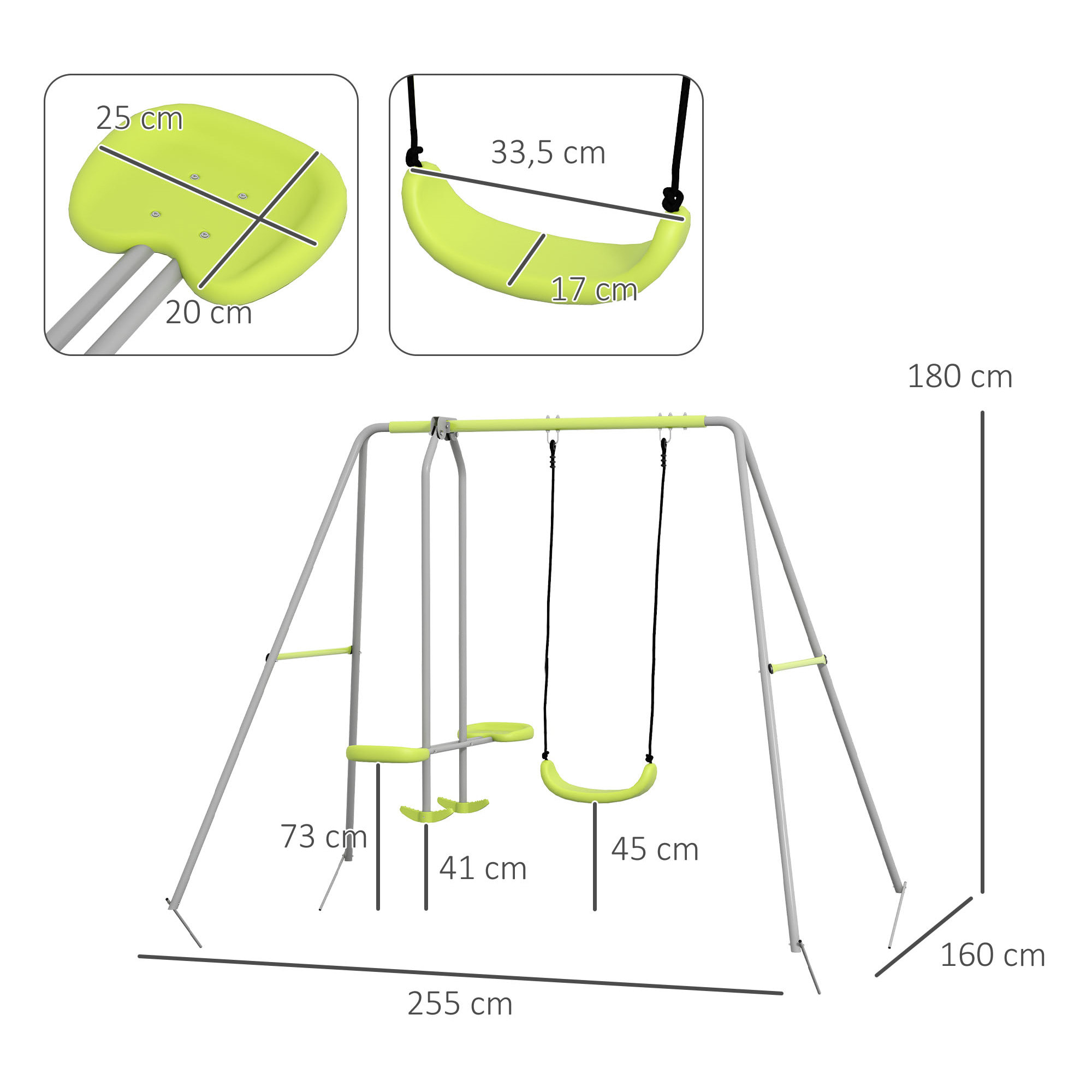 Balançoire 2 agrès portique avec balançoire et face à face dim. 2,55L x 1,6l x 1,8H m métal époxy PE gris vert