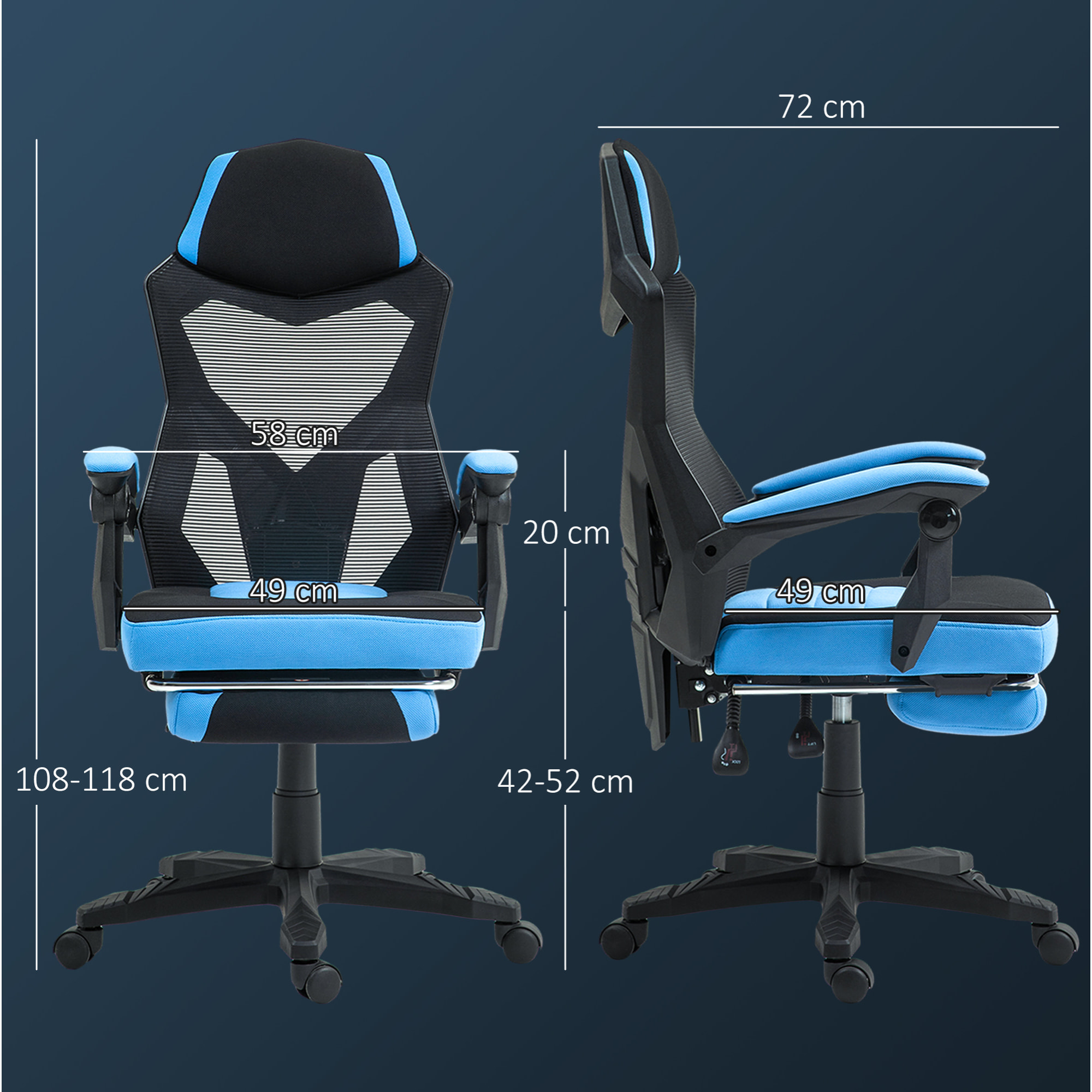 Silla Gaming Giratoria de Malla, Silla Gamer con Reposapiés Retráctil, Respaldo Reclinable y Alto, Altura Ajustable, Reposabrazos Acolchados, Azul