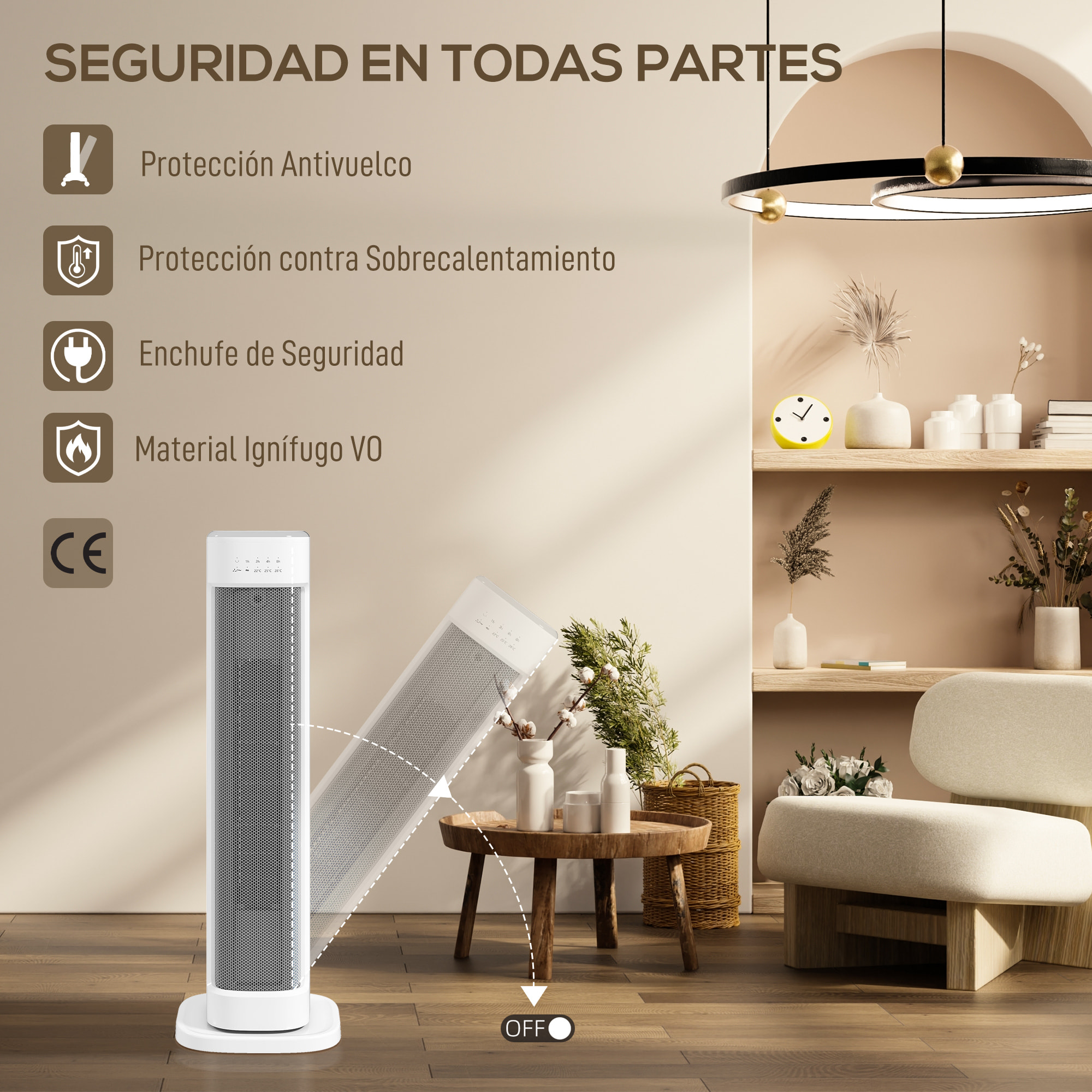Calefactor Eléctrico Bajo Consumo, 2000W PTC, Termoventilador con 3 Modos, Termostato Regulable, Temporizador, Protección contra Vuelcos y Sobrecalentamiento, Control Remoto para 15-20Ã£Å½Â¡, Blanco