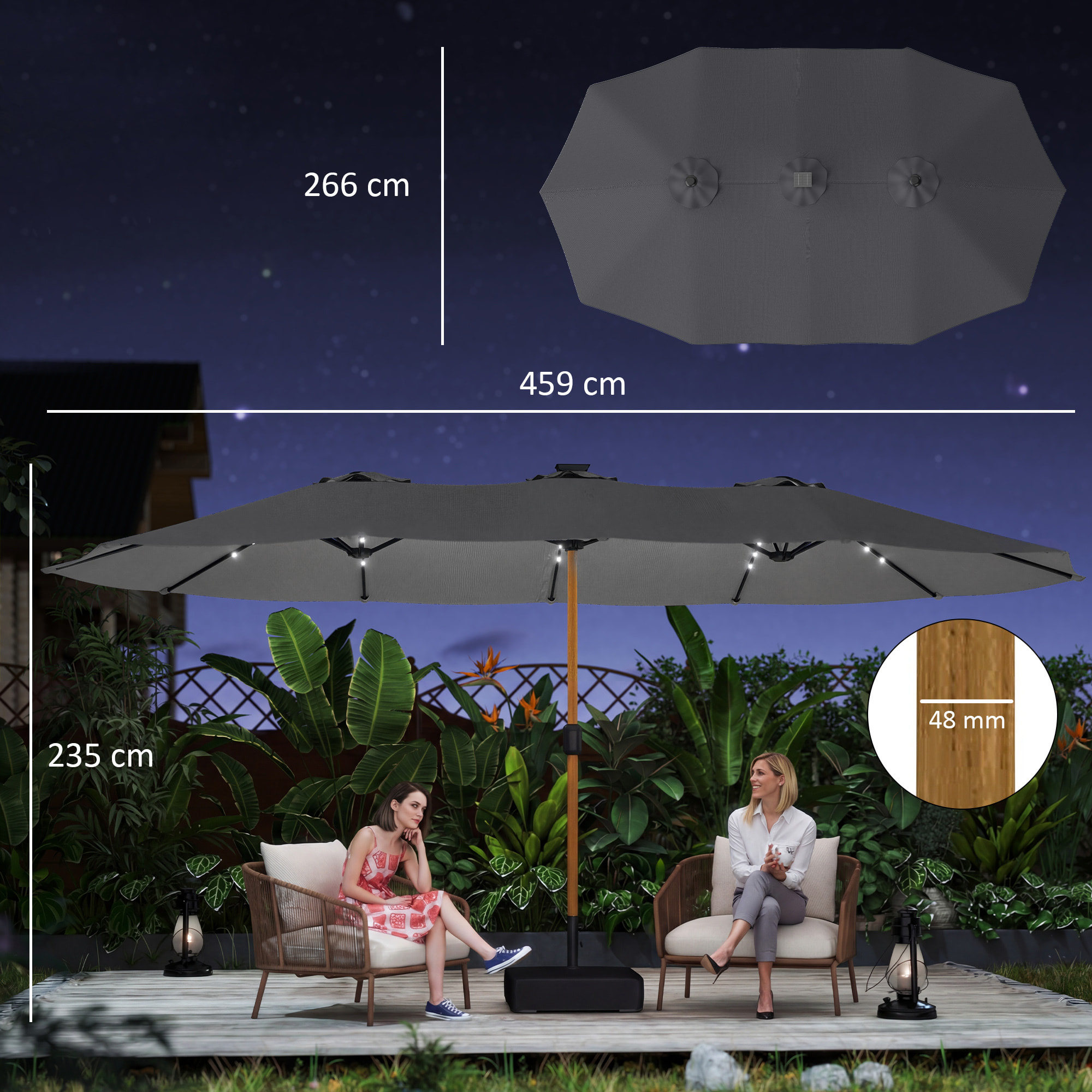 Sombrilla Doble con 48 Luces LED, 4,6x2,6 m, Sombrilla Terraza Exterior con Base Incluida, Manivela, Sacos Arena, Funda, Anti-UV, Resistente al Agua, Parasol para Jardín, Terraza, Gris