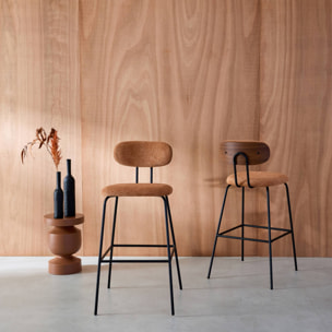 Tabouret de bar décor bois courbé teinté noyer et tissu déperlant pieds métal noir 76,5cm (lot de 2) ERIN